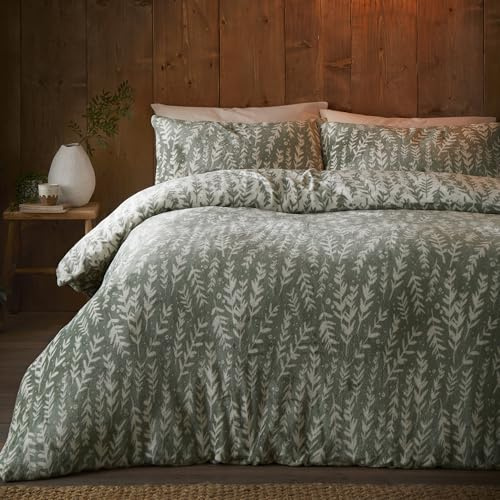 Fusion Snug Winter Foliage Duvet Cover Set, 100% Polyester Fleece, King Size 230x220cm, Green, Sprig Print, 2 Pillowcases