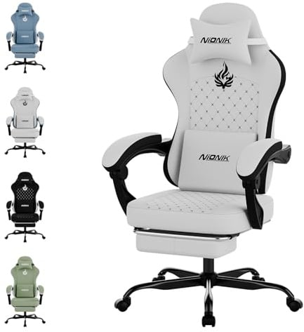 NIONIK Gaming Stuhl, Ergonomischer Bürostuhl mit Fußstütze & Lordosenstütze, Höhenverstellbarer Schreibtischstuhl für Erwachsene, PC Gaming Stuhl für E-Sports, E-Sport, Streaming und Homeoffice