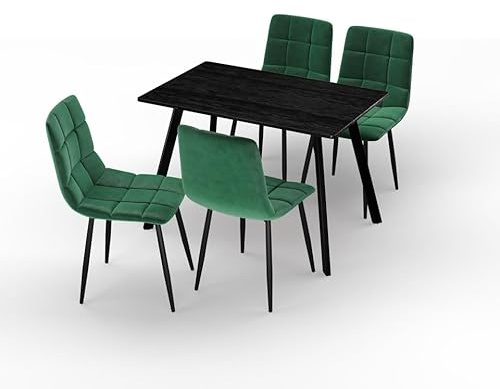 URBNLIVING 110cm Dining Table & 4 Velvet Chairs Set – Modern Metal Frame Kitchen Furniture, Contemporary Dining Room Set - Black Wood Table Green Chair