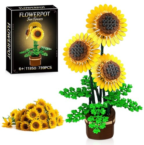 kiothdre Set Construcción Girasoles Flores con Jarrón, Kit Colección Botanical para Adultos, Ramo de Girasoles 739 Piezas, Regalo de Cumpleaños para Mujeres Adultas