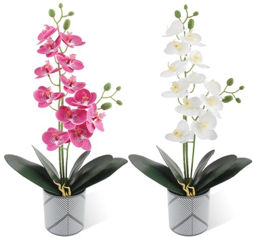 LEIMEND 2 Pezzi Orchidea Finta Realistica Orchidee Finte Viola e Bianco | Realistiche Orchidee Artificiali Fiori Artificiali Per Tavoli da Interno Scrivanie e Decorazioni Nuziali