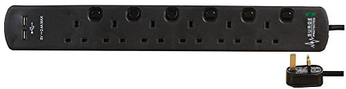 Pro-Elec 2m 6 Gang 2 USB Surge Protected Extension Lead, Black