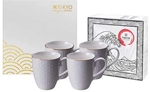 TOKYO design studio Nippon White 4er Tassen-Set weiß, mit Gold-Rand, Ø 8,5 cm, 10,2 cm hoch, 380 ml, asiatisches Porzellan, Japanisches Design, inkl. Geschenk-Verpackung