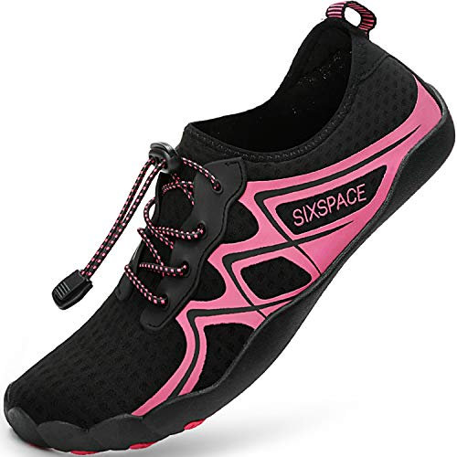 Sixspace Damen Herren Badeschuhe Wasserschuhe Schwimmschuhe Männer Frauen Strandschuhe Aquaschuhe Barfußschuhe für Strand,Pool,Meer,Wassersport,Tauchen,Surfen,Aqua Cycling (Schwarz/Pink,42 EU)
