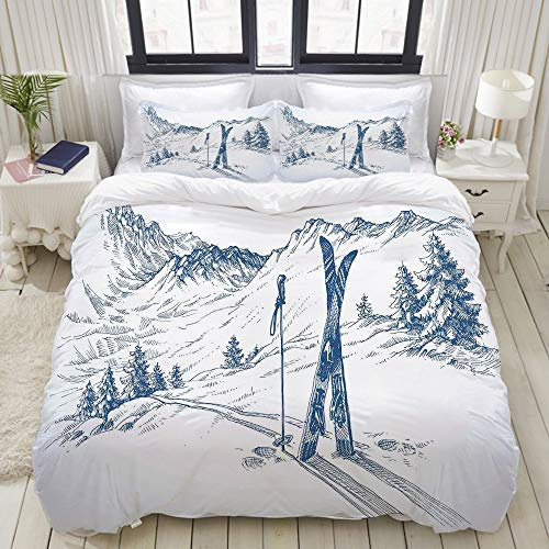 TESCCI Bedding Bettwäsche-Set,Flüchtige Grafik Einer Abfahrt mit Ski Elements im Schnee entspannen Sich ruhiges View,Mikrofaser Bettbezug und Kissenbezug - (135 x 200 cm)