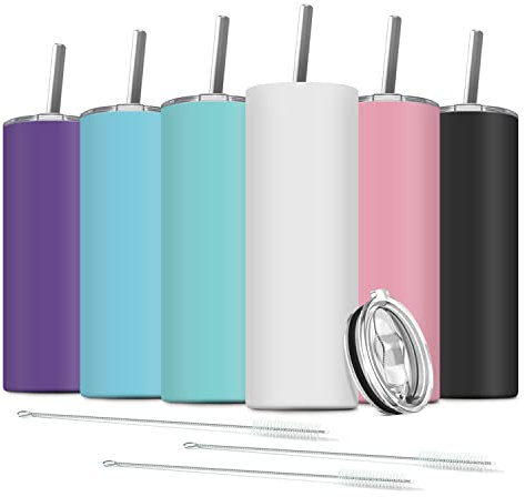 Deitybless 6 Stück Edelstahl Skinny Tumbler, 590 ml, doppelt isolierter Wasserbecher mit 6 Strohhalmen und 3 Bürsten, Vakuum-Reisebecher, Geschenk für heiße und kalte Getränke mit Reinigung
