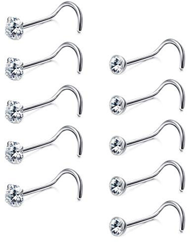 Sllaiss 10 Stücke Korkenzieher Nasenstecker Sets with Österreich Kristall Klein Nasenpiercing für Frauen Männer 316L Edelstahl Nasenstecker Set Körperschmuck 1.5/2 MM