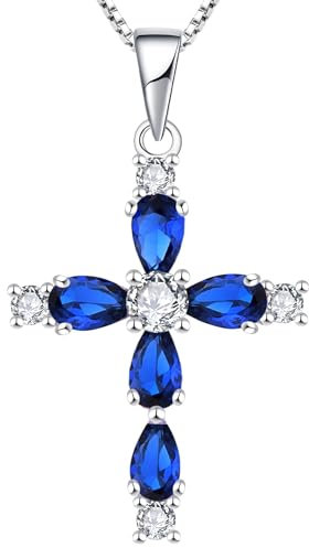 YL Kreuz Kette 925 Sterling Silber September Geburtsstein Spinellblau Kruzifix Anhänger Geschenke für Damen Mama, 45-48 CM