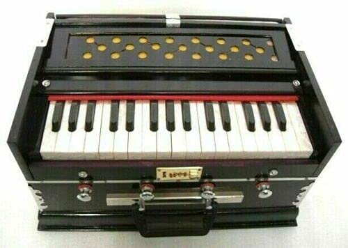 Brass India Professionelles Harmonium mit 4 Stoppern, Doppelbalg und 32 Tasten in Schwarz