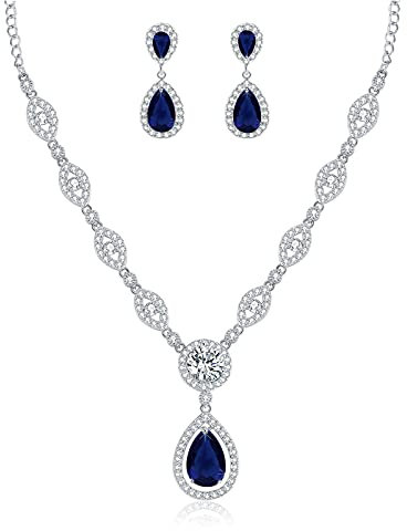 Wynn's Wedding Jewellery Set for Women - Silver Necklace and Dangle Earrings, White Gold Bridal Set With Sapphire Blue AAAAA Cubic Zirconia for Bride and Bridesmaid