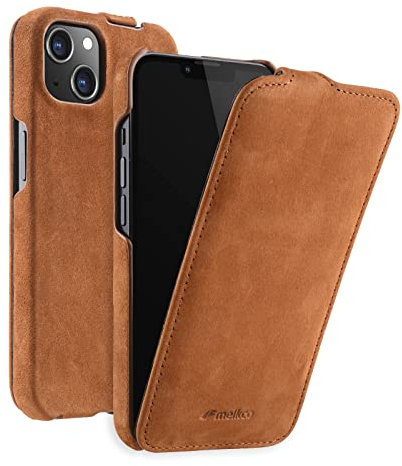 MELCKO Hülle passend für Apple iPhone 13 MINI (5,4 Zoll), Handyhülle mit echtem Leder, Flip-Case, Schutzhülle klappbar, dünne Handy-Tasche, Slim Cover, Vintage Braun