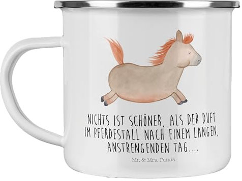 Mr. & Mrs. Panda Camping Emaille Tasse Pferd Springen - Geschenk, Stall, Landwirt, Landwirtin, Pferdestall, Pony, Camping Becher, Bauernhof, Camping