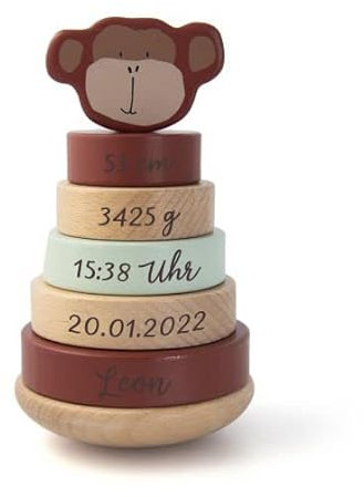 Elfenstall personalisierbarer Holz Stapelturm mit Ringen Holzstapelturm Steckspielzeug mit Namen und Geburtsdaten (AFFE)