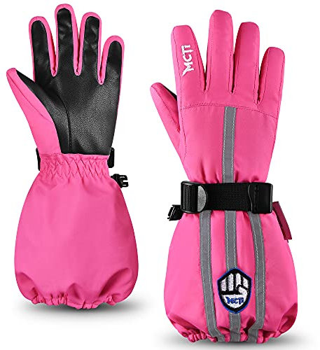MCTi Kinder Skihandschuhe Wasserdicht Warm Schnee Winter Handschuhe Lange Stulpe Fleece gefüttert mit reflektierendem Riemen Jungen Mädchen