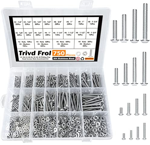 Trivd Frol 750PCS #2-56#4-40#6-32#8-32 Phillips Pan Head Screws Bolt Nut Flat Washers 304 Stainless Steel Machine Screws Nuts Washers Assortment Kit (#2-56#4-40#6-32#8-32)