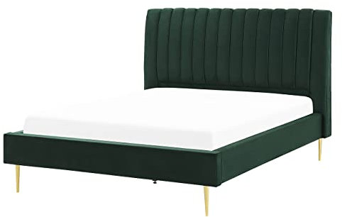 Beliani Upholstered Sturdy Frame Bed 140x200 Cm Eu Double Velvet with Wood Legs Green & Gold Marville