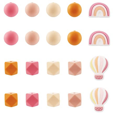 BB Beadthoven 50 Stück Silikonperlen rund achteckig Heißluftballon Regenbogen Boho Gummi Bastelperlen für Halsketten, Armbänder, Schmuck, Handarbeit, Pink # 4 Stile, Klein, (SIL-BT0001-03-BT-EU)