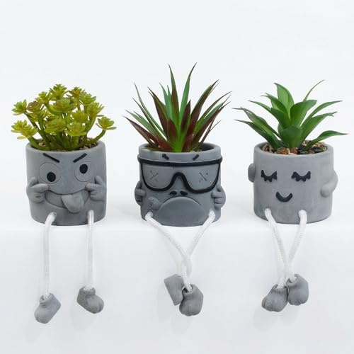 LUZOGA Set of 3 Artificial Succulents Potted Plants Faux Succulents Desk Decoration Fake Mini Plants in Grey Pots Faux Plants Kitchen Shelf Desk Decor Small Bathroom Decor for Shelves