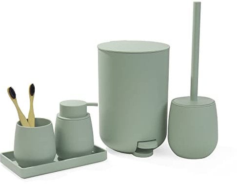 GAHEFY Badezimmer-Zubehör-Set mit kleinem Mülleimer, 3 l, Zahnbürstenhalter, Seifenspender, Schminktisch, WC-Bürste und Halter, Grün, 5 Stück