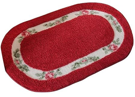 Pretty Floral Ländlicher Stil Teppich, weich, rutschfest, bestickt, oval, Fußmatte, Badvorleger, Badezimmer, Duschvorleger, Schlafzimmer, Wohnzimmer, 50 x 80 cm, Rot