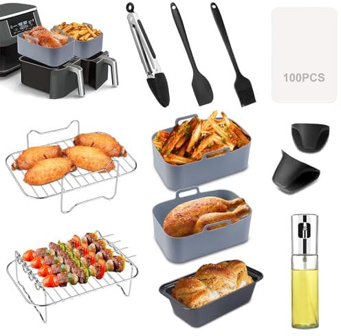 Air Fryer Accessories,12Pcs Dual Air Fryer Accessories for Ninja AF300UK AF400UK/Tower T17088/Instant Vortex/Salter 7.6L-9.5L Air Fryer,with Silicone Air Fryer Liner&Racks & Bread Pan&Oil Spray Bottle