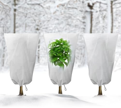 AKOFIC 3 Pack Plant Fleece Frost Protection Covers, 80x120cm Garden Large Fleece Freeze Protection Bags with Drawstring, Reusable Plant Fleece Jackets for Potted Plant Shrub Frost Protection in Winter