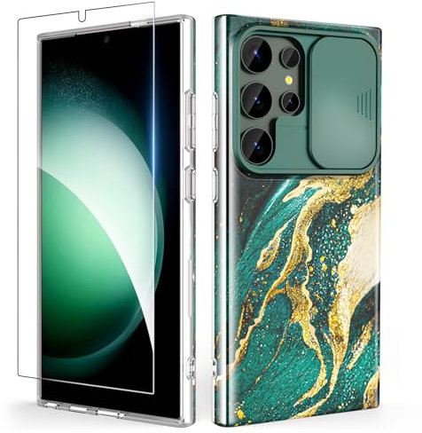SHEDEER for Samsung S24 Ultra Case with Slide Camera Cover + Screen Protector, Samsung Galaxy S24 Ultra Case Slim Fit Lightweight, Glossy Fade-Resistant Pattern Design Phone Cover (Green)