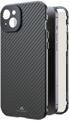 Black Rock Hülle für iPhone 15 Plus (Carbon Beschichtung, Kameraschutz, Metallrahmen, 360° Rundumschutz, Wireless Charging kompatibel, ultradünn, slim, Magnet, Cover, Handyhülle, Case) Real Carbon
