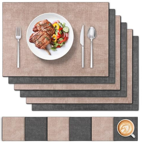Tischsets Abwaschbar Leder und Untersetzer 6 Set, Doppelseitigen Platzset Abwaschbar und Wasserdicht Platzdeckchen Leder Kunstleder Tischset Lederoptik Platzset (Rosa Schwarz)