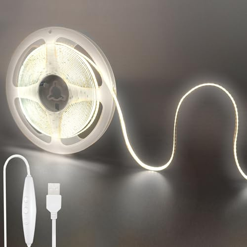 Clearhill 5V USB COB luces de tira led con interruptor dimmable, 16.4FT / 5M, blanco fresco 6500K, 320LEDs / M, ancho de 8mm, no impermeable IP20, cable de interruptor USB de 1.5M