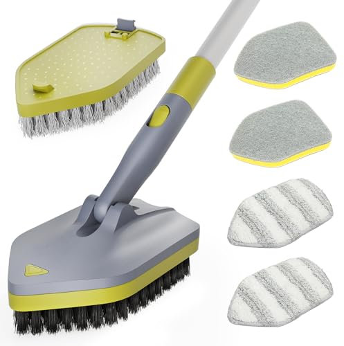 JETSHINE 4-in-1 Tub Tile Scrubber Brush - 61.8 Adjustable Telescopic Pole with Stiff Bristles and Scouring Pads - Non-Scratch Cleaning for Bathroom, Kitchen, Toilet, Wall, Tub, and Sink