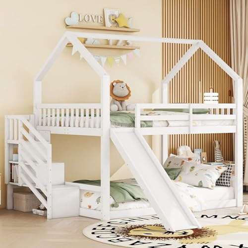 Soweiz Kinderbett mit Geländer,140x200cm Etagenbett mit Stauraumtreppe und Rutsche, Hausbett, geeignet für Kinder, Jugendliche, Weiß
