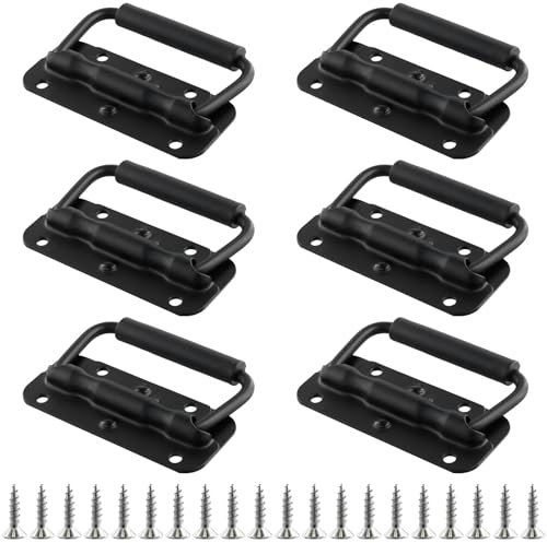 FUNSUEI 6 Stück 100mm Klappgriff Schwarz, Kistengriff Klappbar mit Schrauben, Hardware Boxen Gefedert Kistengriff Silber, Tragegriff Metall Klappbar Griffe Federklappgriff für Kisten Toolbox Tür