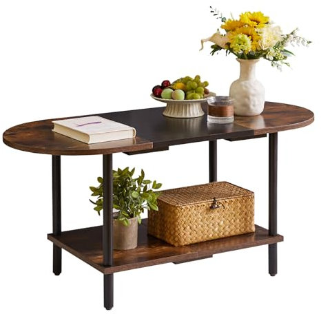 Aibiju Couchtisch, Ovaler Sofatisch, industrieller Beistelltisch für Wohnzimmer-Wohnmöbel, Moderner Stil, Rustikales Braun + Schwarz + Schwarze Beine, YD-011BH