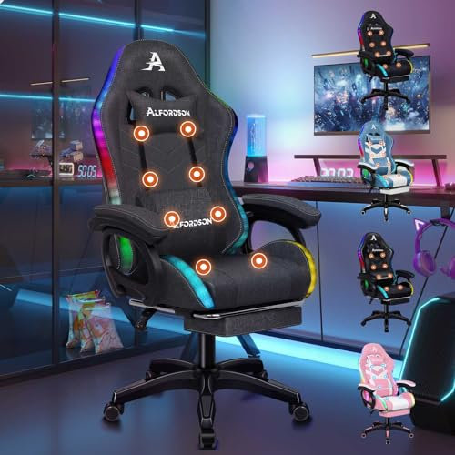 ALFORDSON Sedia da Gaming Ergonomica con Massaggi e Illuminazione RGB a 12 LED Colorati, Poltrona con Supporto Lombare e Poggiapiedi, Tessuto, Grigio Scuro