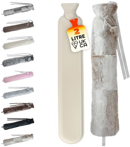 LKH Long Hot Water Bottle with Cover UK - 72cm Tall 2L Hot Water Bottles for Adults W/Faux Fur Cover with Pom Poms & Wraparound Ties | Perfect for Pre-Heating Bed or Sofa for Keeping You Warm & Cozy
