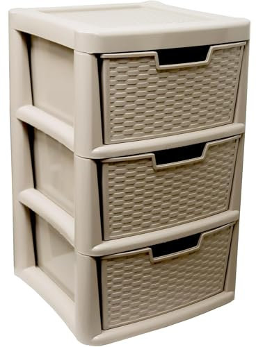 ALEEZ - Large Plastic Drawer Storage Unit - Rattan Effect 3 Drawer Cabinet - Multipurpose Storage Organiser - Office, Tabletop Desktop Drawer - Bedroom Chest Drawer Unit - (Mushroom, 3 Drawer)