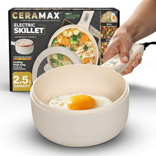 Ceramax - Olla eléctrica con tapa y vapor, olla grande de 2.5 l, sartén eléctrica antiadherente para cocinar, sartén eléctrica portátil de cerámica para dormitorios, camping, caravanas y más