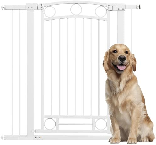 PawHut Barrera de Seguridad para Perros Altura 105 cm para Puertas y Escaleras Puerta de Seguridad para Mascotas con Montaje a Presión Doble Bloqueo y 2 Extensiones Blanco