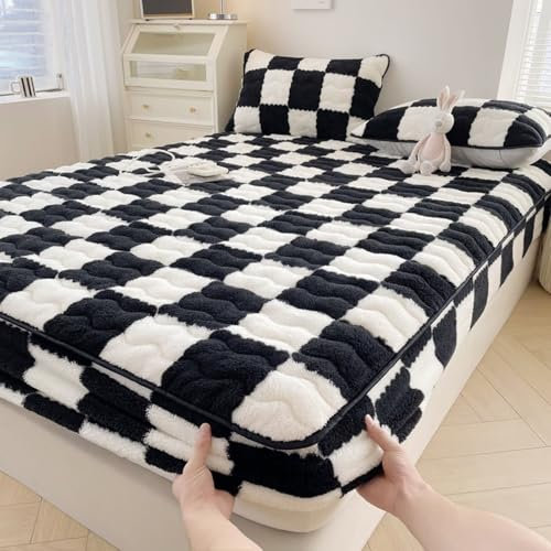 Homxi Drap Housse Ajustable,150 x 200 CM,Cache Sommier Queen Size Velours Motif Plaid Draps Lit Noir Blanc