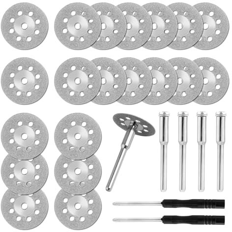 20 Pieces 22 mm Diamond Cutting Wheel for Dremel Rotary Tool with 4 pcs 3 mm Mandrel and 2 pcs Cross Screwdriver for Stone Glass Gem Jade Marble Ceramic Cutting
