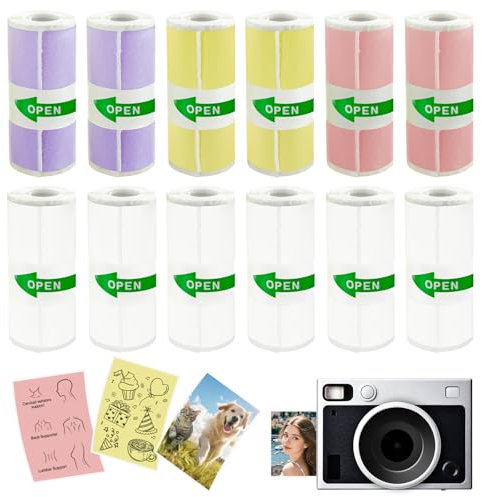 Mini Printer Sticker Paper Roll,12 Rolls Thermal Paper for Children 57 X 25mm,Thermal Printer Sticker Roll for Mini Printers Camera