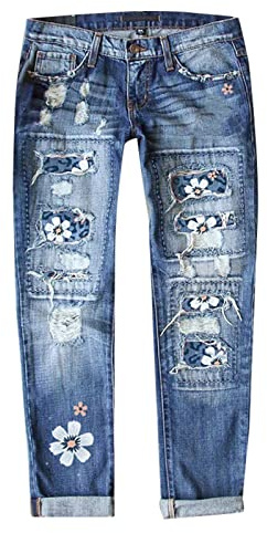 Leichte Sommerjeans Damen New Street Bedruckte, Perforierte, Gerade Jeanshose Schlupfjeans