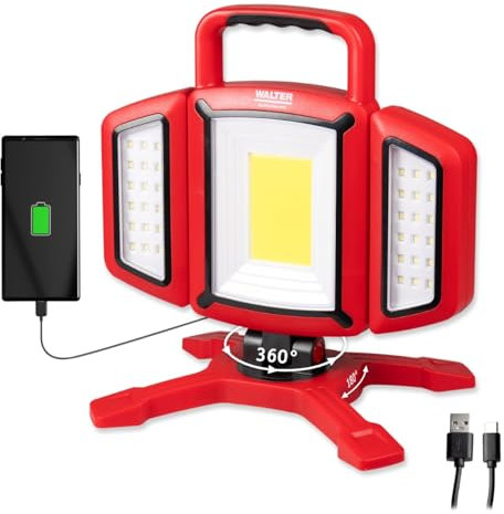 WALTER Akku Arbeitsleuchte 2000 Lumen – Magnetfuß, 360° drehbar, Powerbank, USB-C – Wiederaufladbare LED Baustellenlampe für Werkstatt, Garage & Outdoor