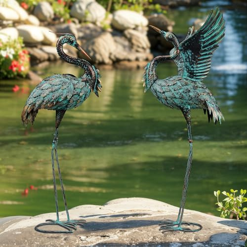 Large Garden Statues Set of 2, Metal Crane Sculptures, Bronze Heron Outdoor | 39.4 Realistic Bird Art Decor, Stable Standing Lifelike, Water&Rust-Proof, Heavy Iron Materials, Hand Painted