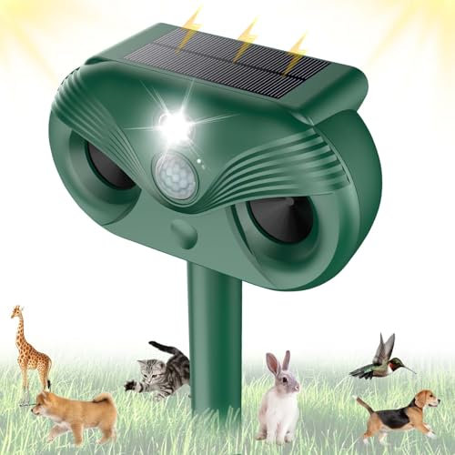 Ultrasonic Cat Repellent, Solar Animal Repellent, 4 Modes Fox Repellent with PIR Motion Sensor, IP54 Waterproof, Effective for Cat, Dog, Rodent, Fox, Bird (Olive Green)