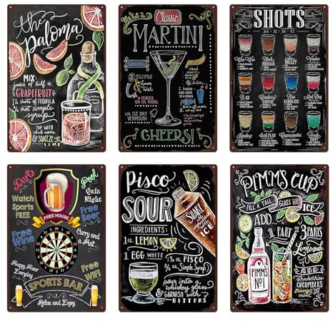 Wasise Bar Accessories - Cocktail Sign, Set of 6 Cocktail Metal Signs, Home Bar Accessories, 20x30cm Vintage Tin Wall Art for Bars Pubs Cafe Home Decor, Perfect Bars Accessorie Kitchen Decorations