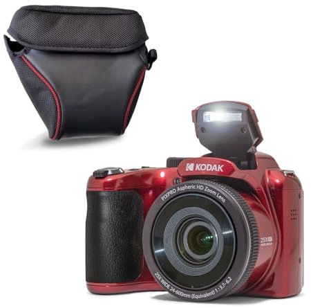 Kodak Pixpro AZ255 Appareil Photo Bridge 16 MP, Zoom Optique 25x, Full HD 1080p, Grand Angle 24 mm, Stabilisateur, Écran LCD 3, Étui Inclus – Idéal pour Voyages – Rouge