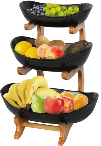 STILFELD® Obstregal – Obstschale Etagere aus Keramik und Holz – Obst Etagere 3 stöckig – stilvolle Etagere Obst für Küche & Buffet