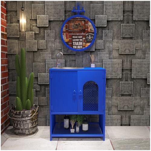 ZTGL Badmöbel Set Waschplatz Badezimmer Waschbecken mit Wasserhahn und Abfluss, Freistehender Badezimmermöbel Waschtisch, Loft Industrial Waschbecken mit Fächeraufbewahrung,Marine,with Mirror